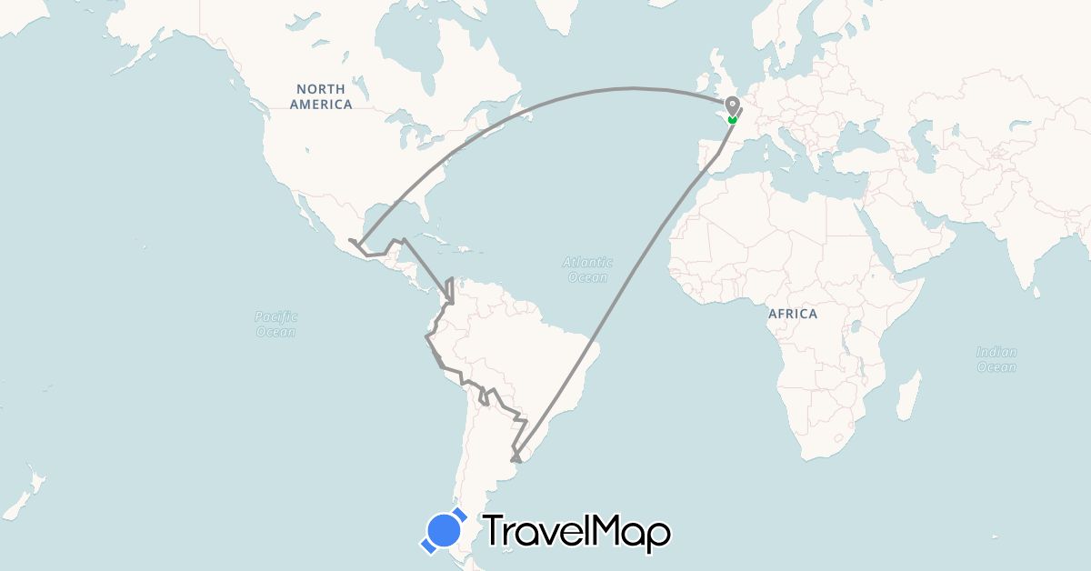 TravelMap itinerary: driving, bus, plane in Argentina, Bolivia, Colombia, Ecuador, Spain, France, Mexico, Peru, Paraguay, United States, Uruguay (Europe, North America, South America)